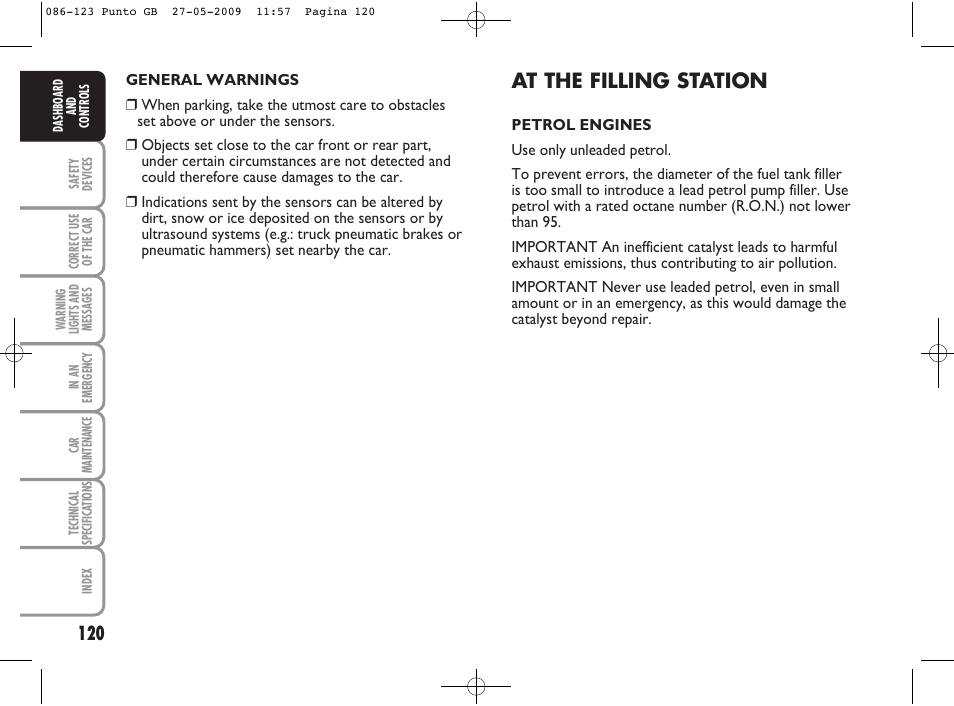 At the filling station | FIAT Punto User Manual | Page 121 / 282