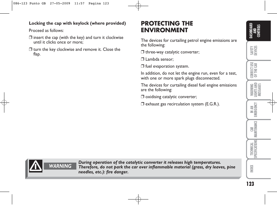 Protecting the environment, Warning | FIAT Punto User Manual | Page 124 / 282
