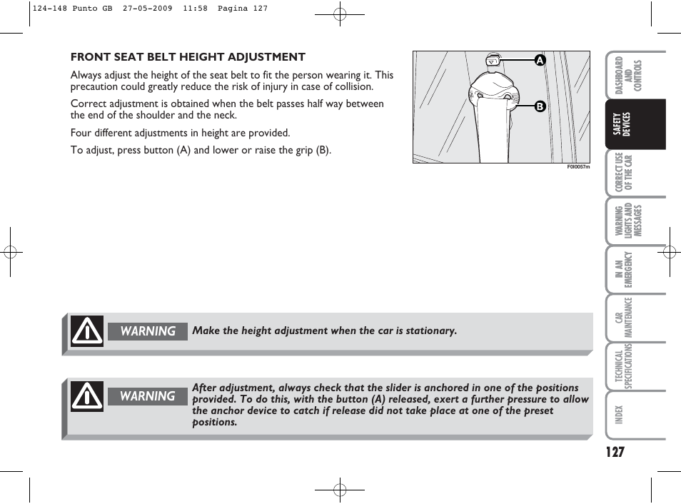 Warning | FIAT Punto User Manual | Page 128 / 282