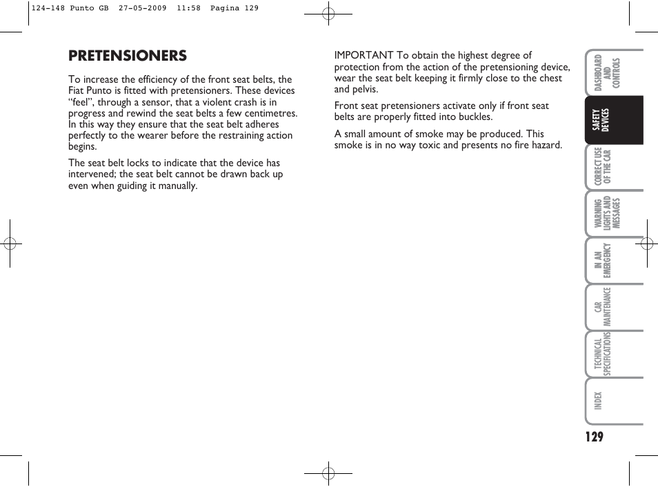 Pretensioners | FIAT Punto User Manual | Page 130 / 282