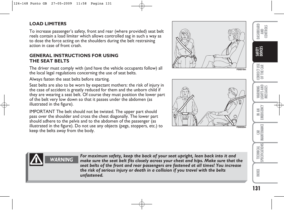 Warning | FIAT Punto User Manual | Page 132 / 282