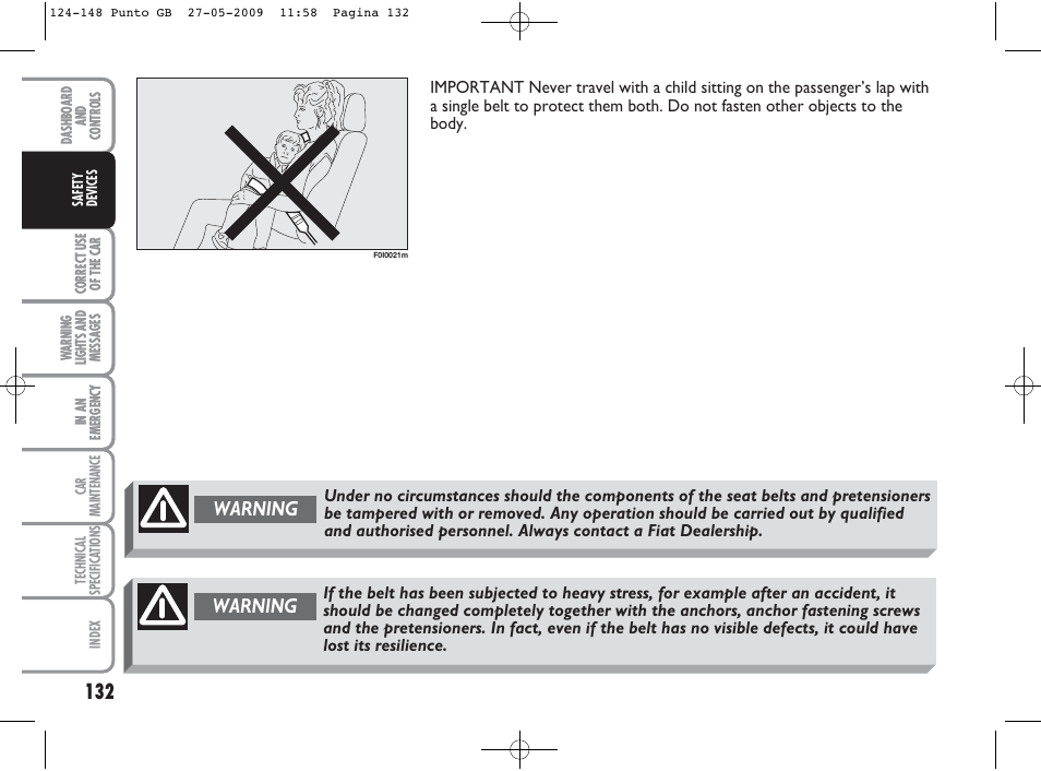 Warning 132, Warning | FIAT Punto User Manual | Page 133 / 282