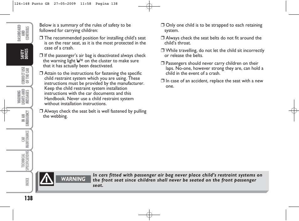 Warning | FIAT Punto User Manual | Page 139 / 282