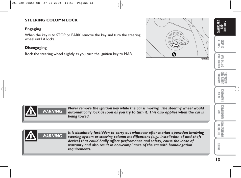 Warning | FIAT Punto User Manual | Page 14 / 282