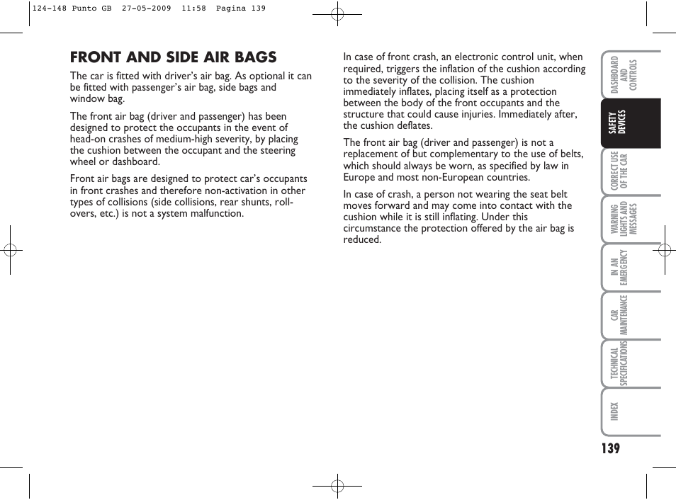 Front and side air bags | FIAT Punto User Manual | Page 140 / 282