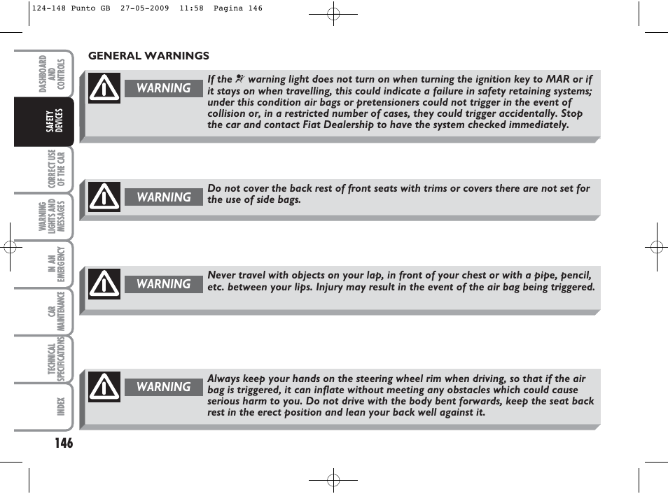 Warning | FIAT Punto User Manual | Page 147 / 282