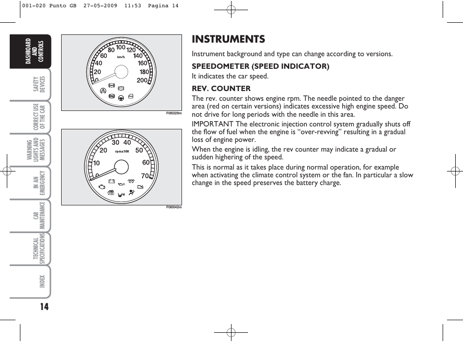 Instruments | FIAT Punto User Manual | Page 15 / 282