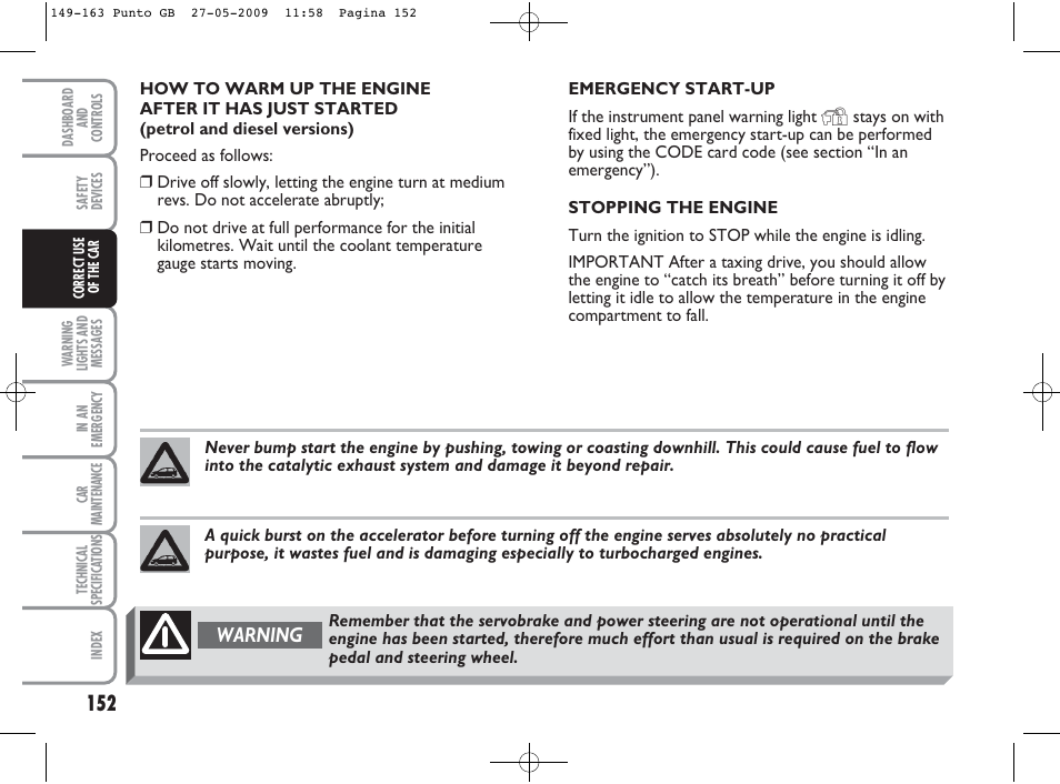 Warning | FIAT Punto User Manual | Page 153 / 282