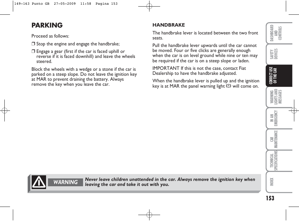 Parking, Warning | FIAT Punto User Manual | Page 154 / 282