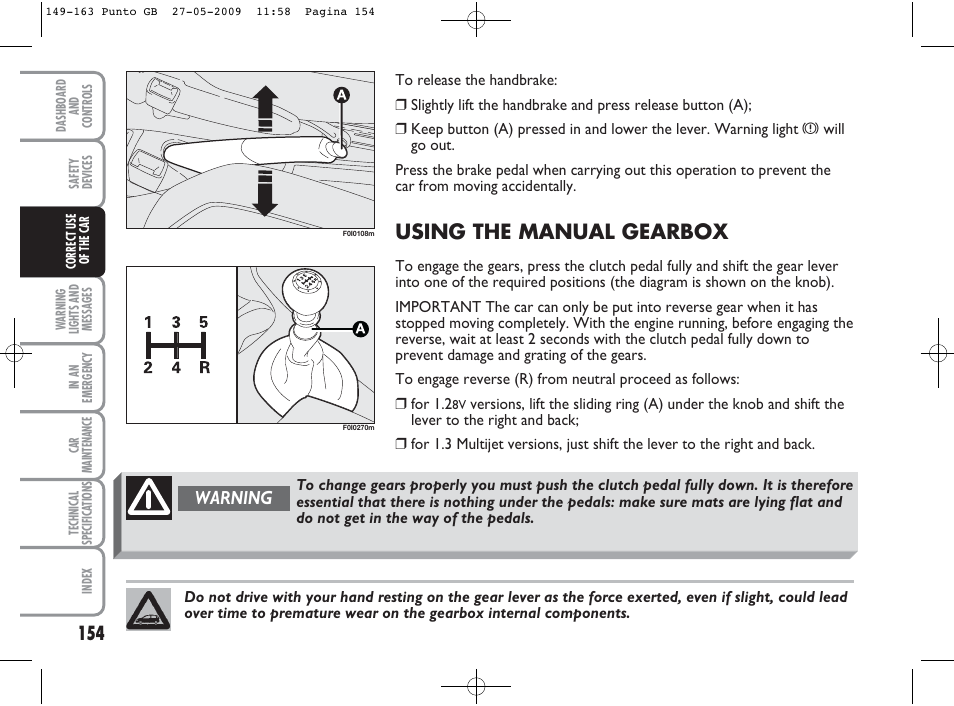 Using the manual gearbox, Warning | FIAT Punto User Manual | Page 155 / 282