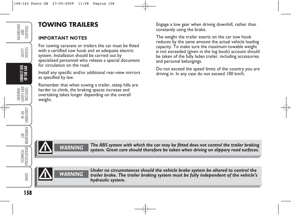 Towing trailers, Warning | FIAT Punto User Manual | Page 159 / 282