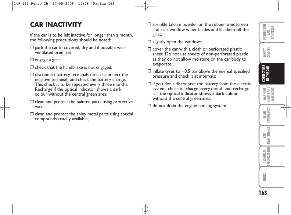Car inactivity | FIAT Punto User Manual | Page 164 / 282