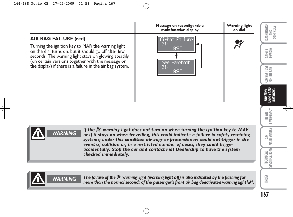 Warning | FIAT Punto User Manual | Page 168 / 282