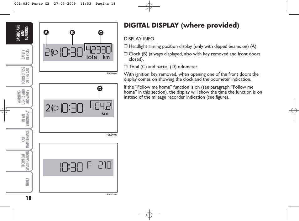 Digital display (where provided) | FIAT Punto User Manual | Page 19 / 282