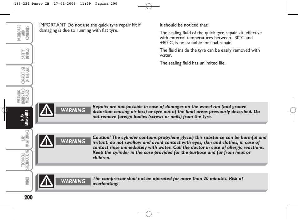 Warning | FIAT Punto User Manual | Page 201 / 282