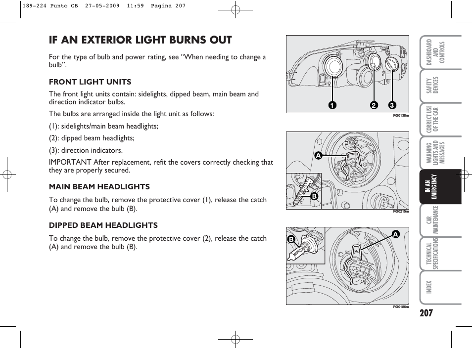 If an exterior light burns out | FIAT Punto User Manual | Page 208 / 282