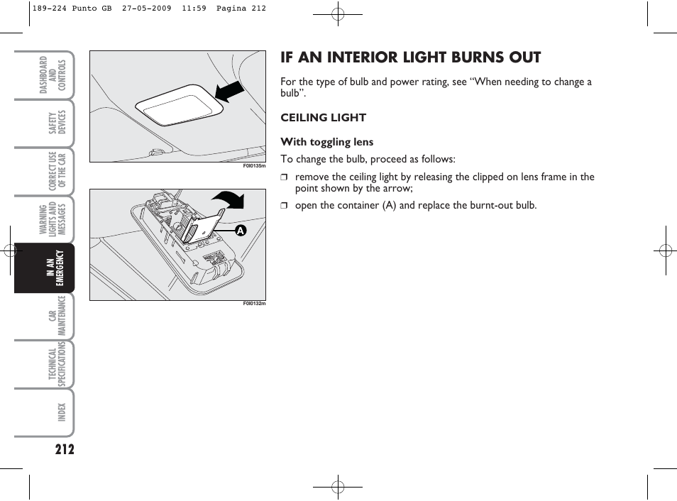 If an interior light burns out | FIAT Punto User Manual | Page 213 / 282