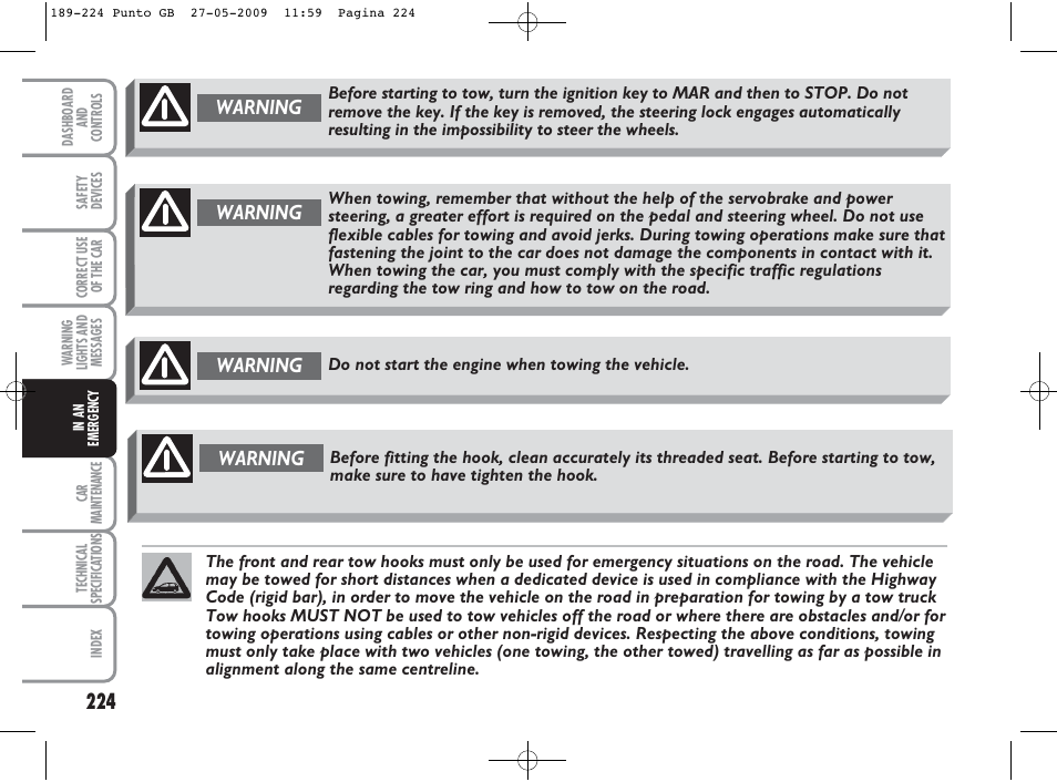 Warning | FIAT Punto User Manual | Page 225 / 282