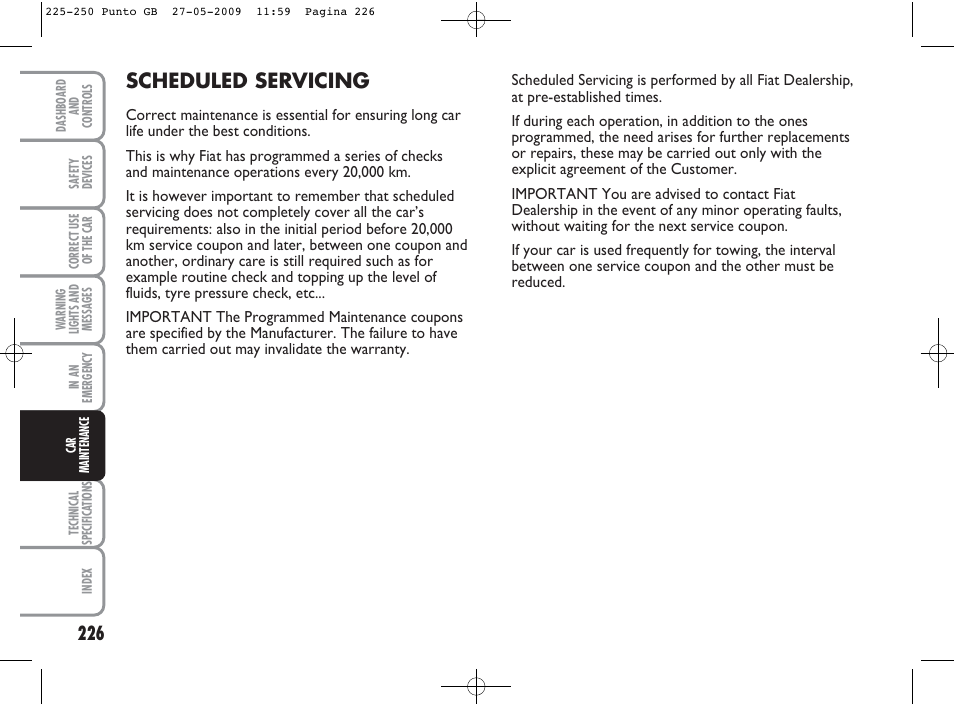 Scheduled servicing | FIAT Punto User Manual | Page 227 / 282