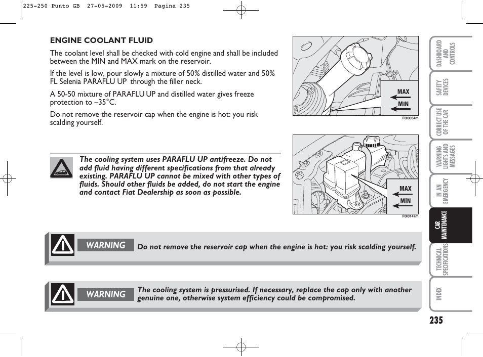 Warning | FIAT Punto User Manual | Page 236 / 282