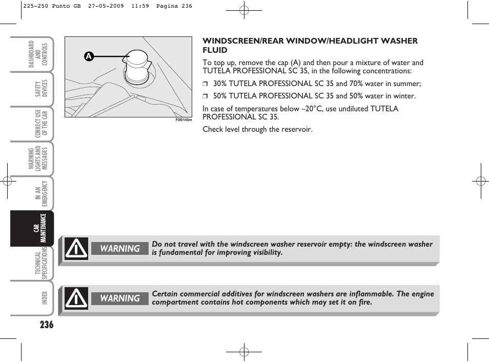 Warning | FIAT Punto User Manual | Page 237 / 282