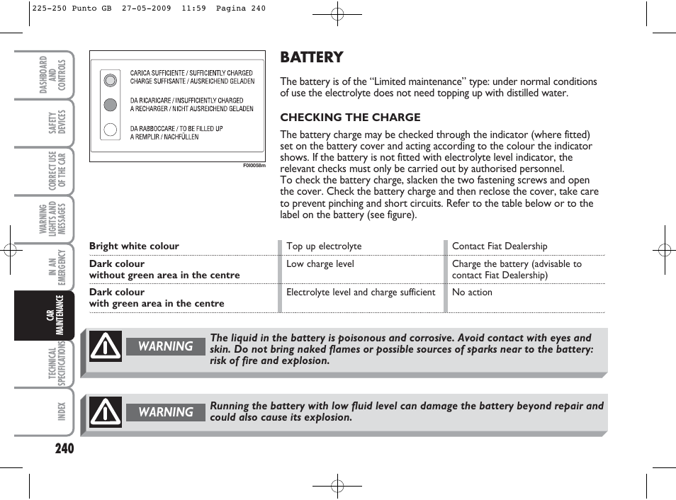 Battery, Warning | FIAT Punto User Manual | Page 241 / 282