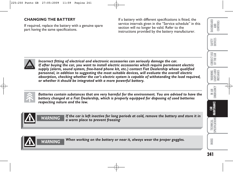 Warning | FIAT Punto User Manual | Page 242 / 282