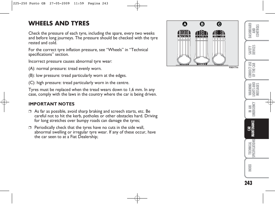 Wheels and tyres | FIAT Punto User Manual | Page 244 / 282