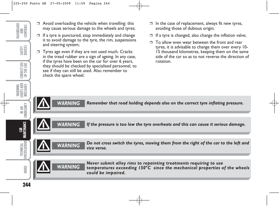 Warning | FIAT Punto User Manual | Page 245 / 282