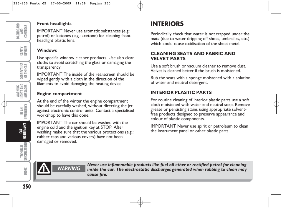 Interiors, Warning | FIAT Punto User Manual | Page 251 / 282