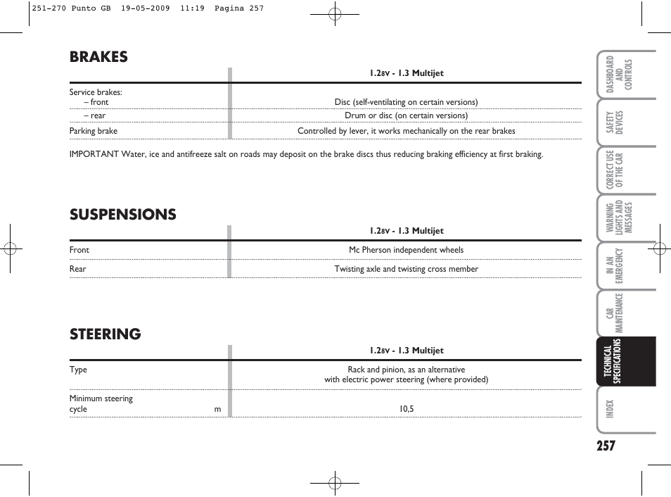 Brakes, Suspensions, Steering | FIAT Punto User Manual | Page 258 / 282