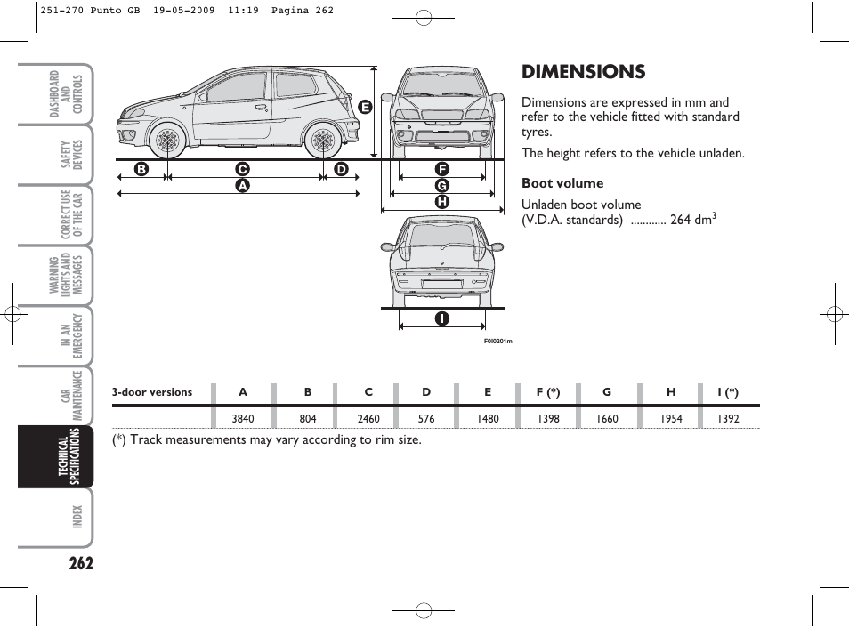 Dimensions | FIAT Punto User Manual | Page 263 / 282