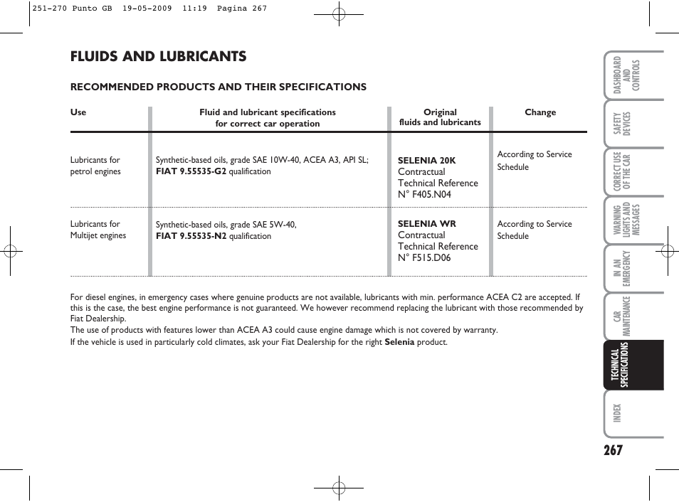 Fluids and lubricants | FIAT Punto User Manual | Page 268 / 282