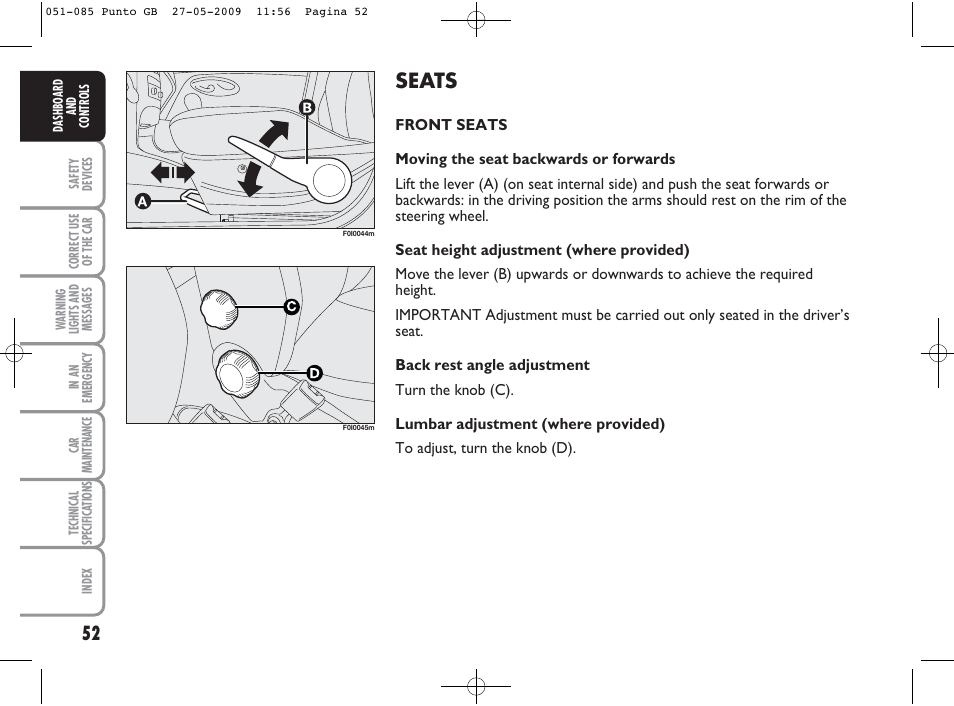 Seats | FIAT Punto User Manual | Page 53 / 282