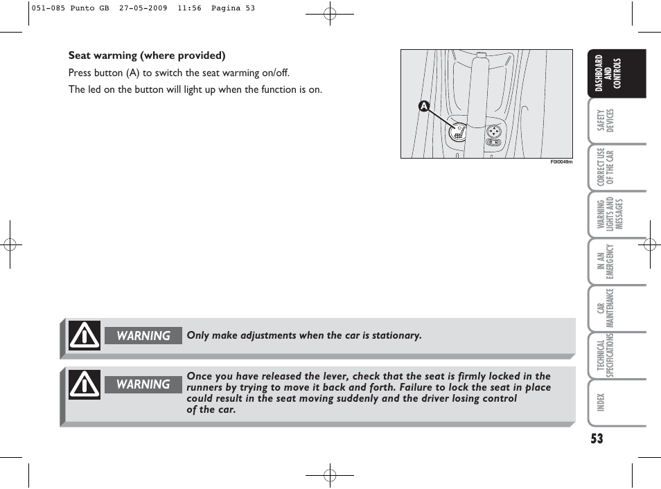 Warning | FIAT Punto User Manual | Page 54 / 282