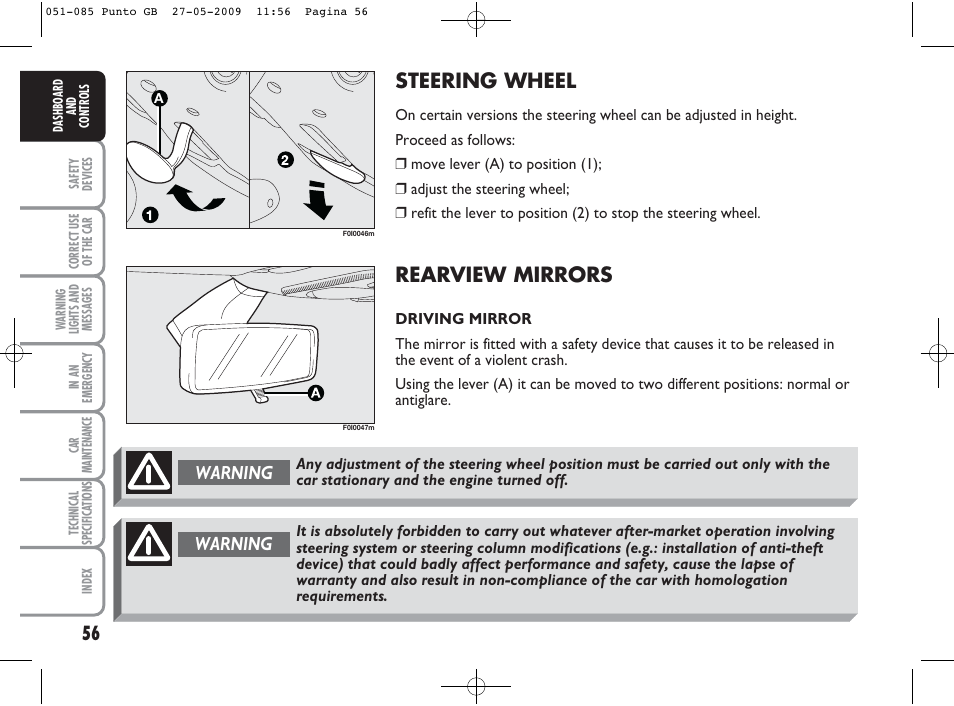 Steering wheel, Rearview mirrors, Warning | FIAT Punto User Manual | Page 57 / 282