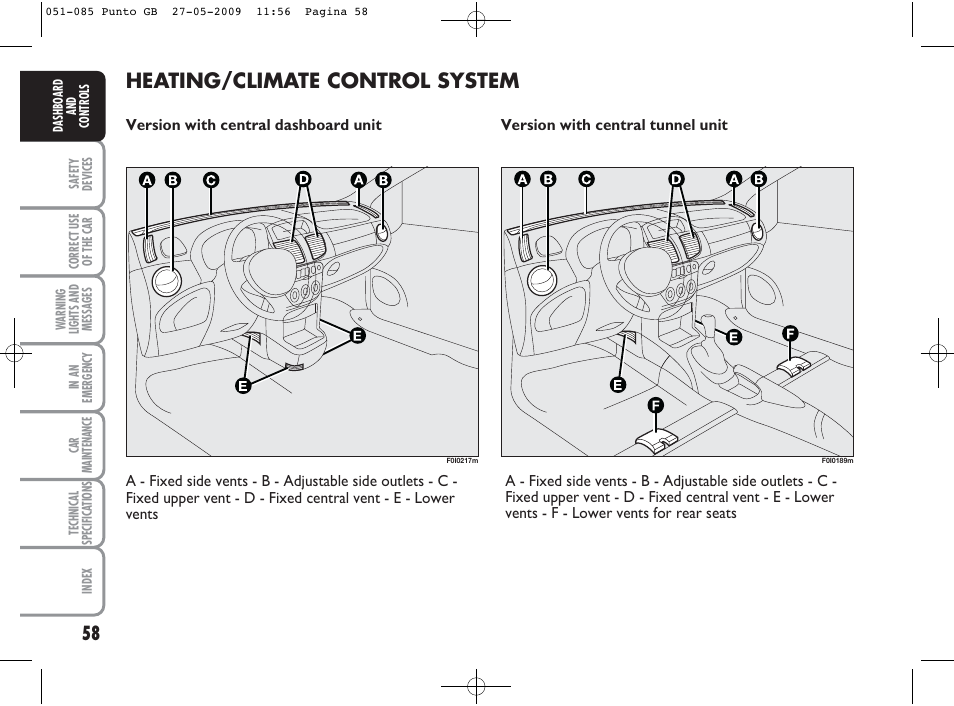 Heating/climate control system | FIAT Punto User Manual | Page 59 / 282