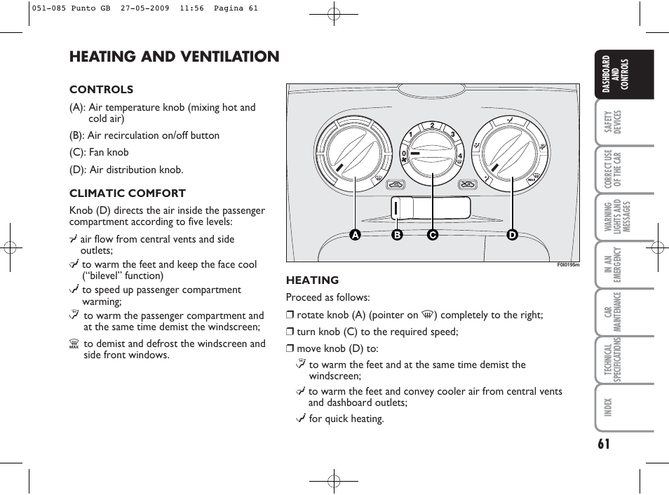 Heating and ventilation | FIAT Punto User Manual | Page 62 / 282