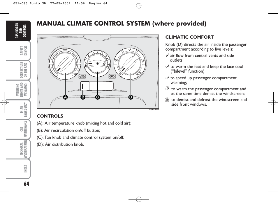 Manual climate control system (where provided) | FIAT Punto User Manual | Page 65 / 282
