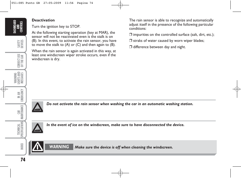 Warning | FIAT Punto User Manual | Page 75 / 282