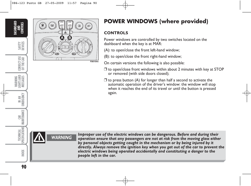 Power windows (where provided), Warning | FIAT Punto User Manual | Page 91 / 282