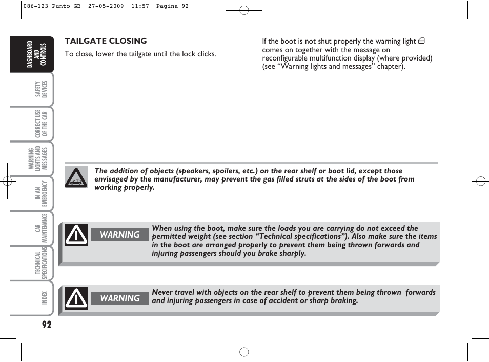 Warning | FIAT Punto User Manual | Page 93 / 282