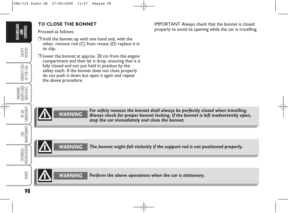 Warning | FIAT Punto User Manual | Page 99 / 282