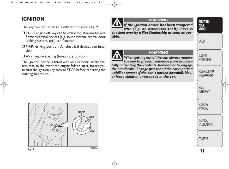 Ignition | FIAT Punto Evo User Manual | Page 12 / 270