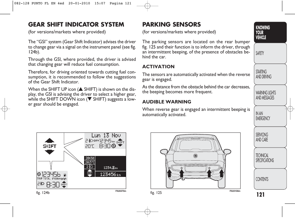 Parking sensors, Gear shift indicator system | FIAT Punto Evo User Manual | Page 122 / 270