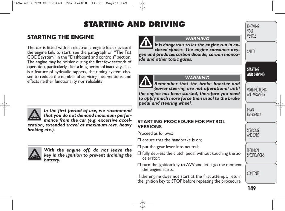 Starting and driving | FIAT Punto Evo User Manual | Page 150 / 270