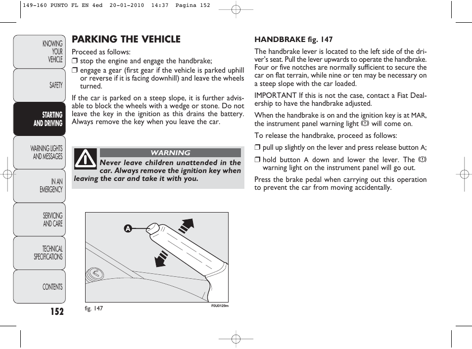 Parking the vehicle | FIAT Punto Evo User Manual | Page 153 / 270