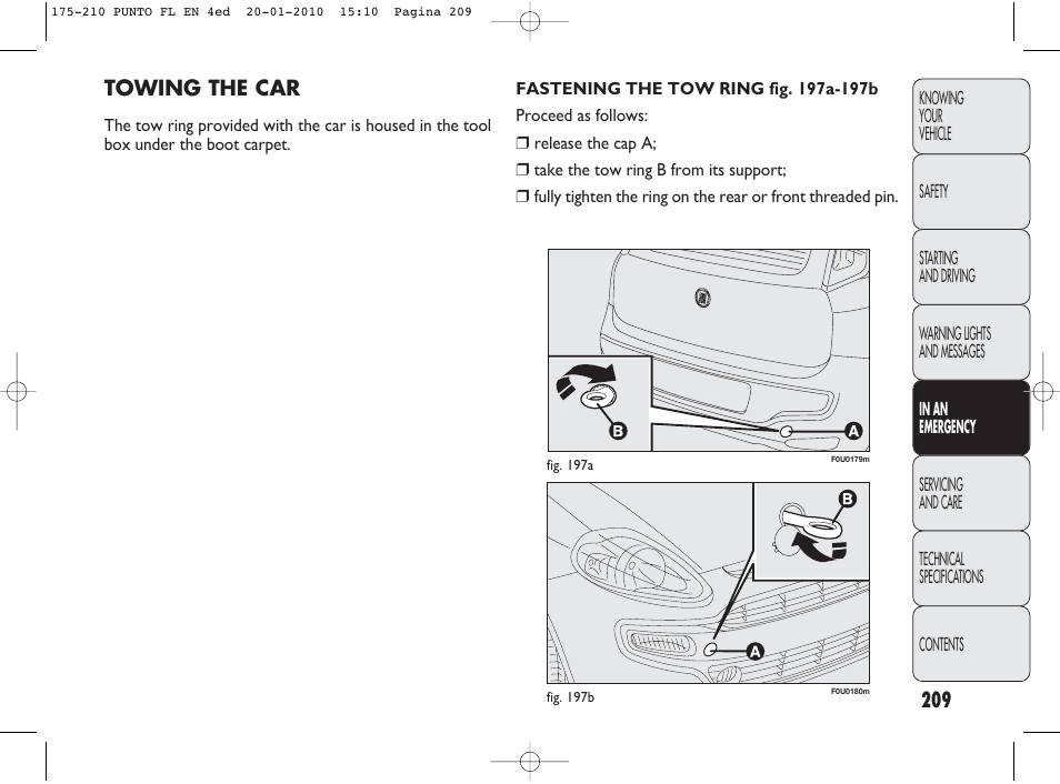 Towing the car | FIAT Punto Evo User Manual | Page 210 / 270