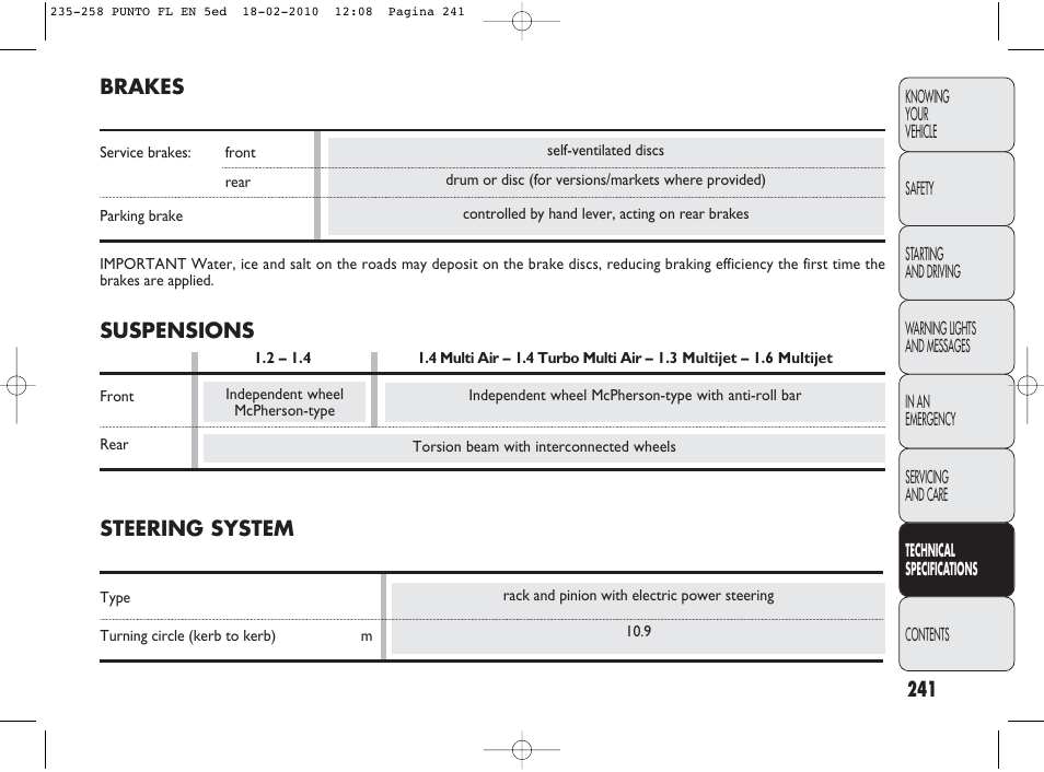 Brakes, Suspensions, Steering system | FIAT Punto Evo User Manual | Page 242 / 270