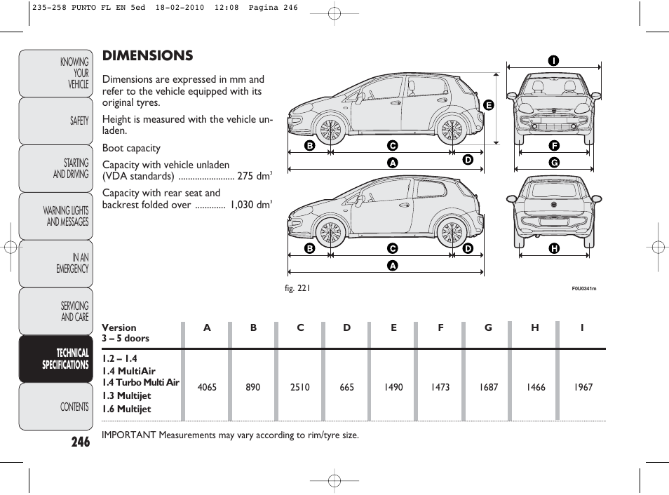Dimensions | FIAT Punto Evo User Manual | Page 247 / 270